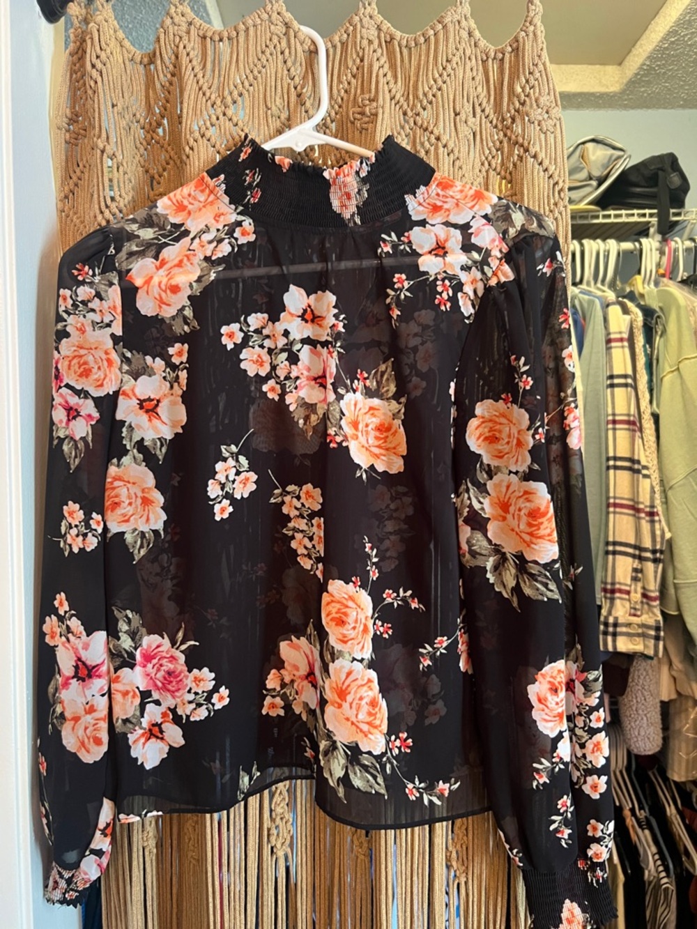Bar III Black Floral Long-Sleeve Blouse